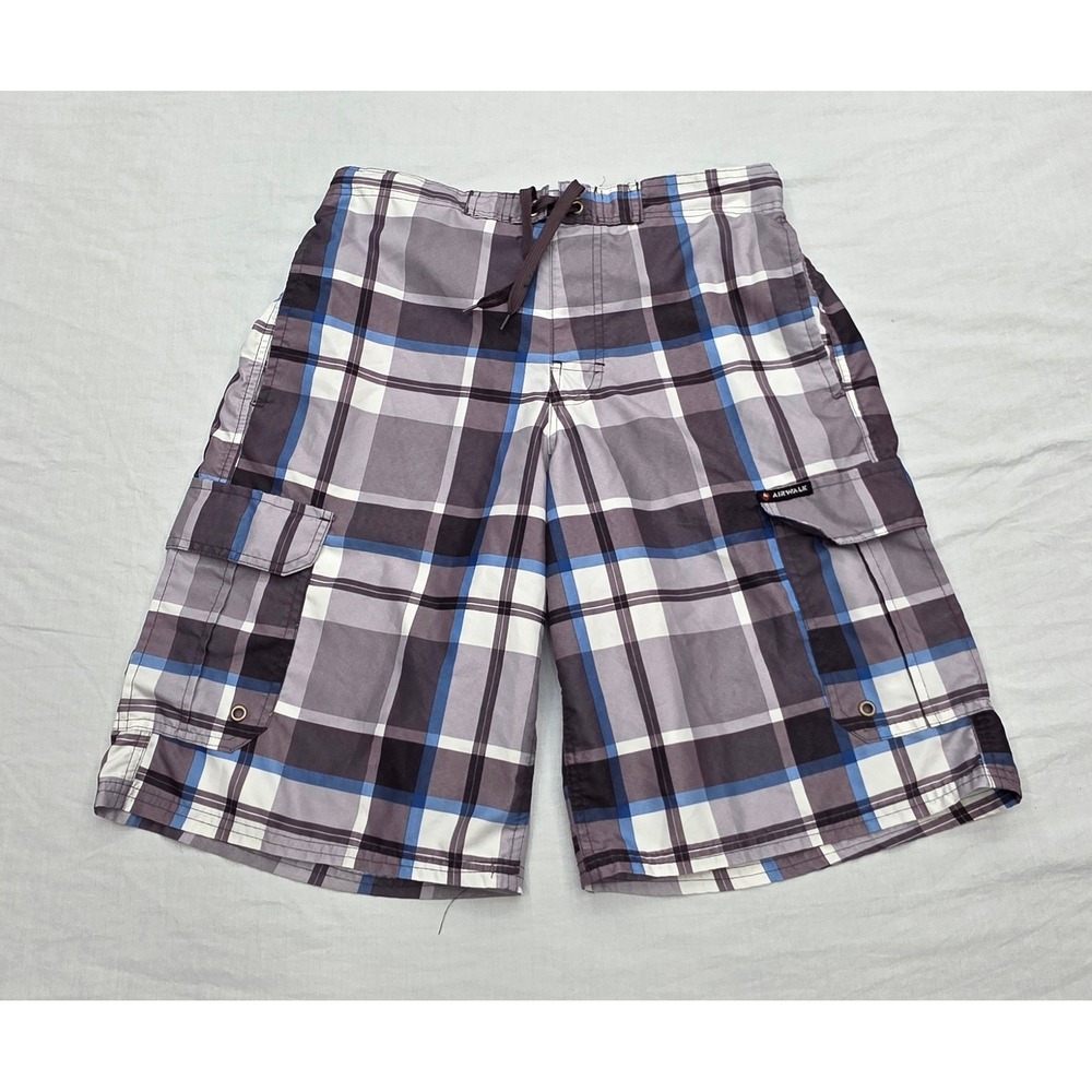 Airwalk Mens Size Small Board Shorts Plaid Cargo Swim Trunks Grey Blue White
